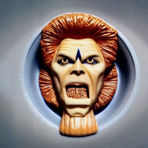 Image similar to a cereal bowl in a shape of bowie face, in labyrinth,