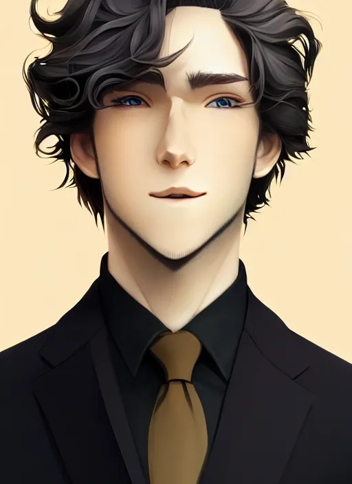 Prompt: young man with medium - length, curly, golden hair, perfectly proportioned face, aquamarine eyes, sweet smile, wearing a black suit, natural lighting, path traced, highly detailed, high quality, animation art, digital painting, by new haicheng and studio ghibli