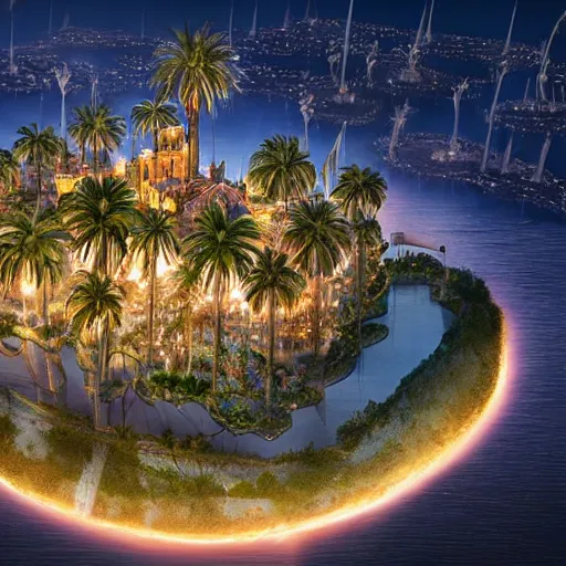 Image similar to the disney castle surrounded by giant palm trees on a giant floating island in the sky at night, a huge light bulb illuminates the island from above, cinematic, digital art by erik johansson, 8 k resolution, hyper detailed, sharp focus