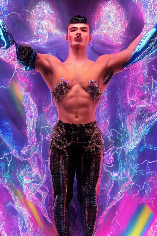 Prompt: hyper detailed ultra sharp photo fullbody of baroque and bladerunner delicate glowing diamonds sculpture of a muscular seductive young spanish male feeling highly aroused, iridescent humanoid deity wearing black cloak holding a rainbow gem, blue diamond, silver metallic sphinx, i glowing pink face, crown of white diamonds, cinematic lighting, photorealistic, octane render 8 k depth of field 3 d