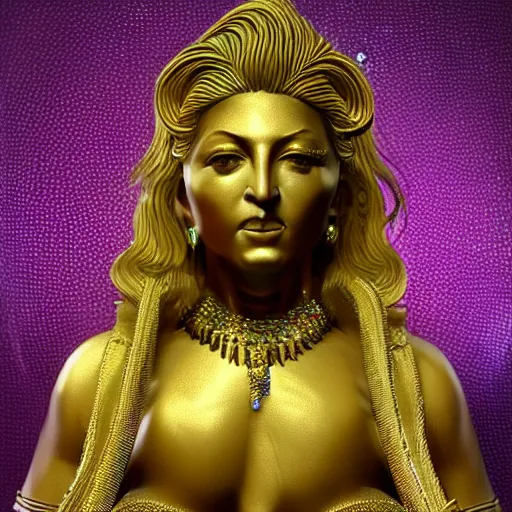 Prompt: a full body madonna statue made of iridiscent metal inspired by the looks of vishnu, very detailed, unreal engine 5, made for an art gallery