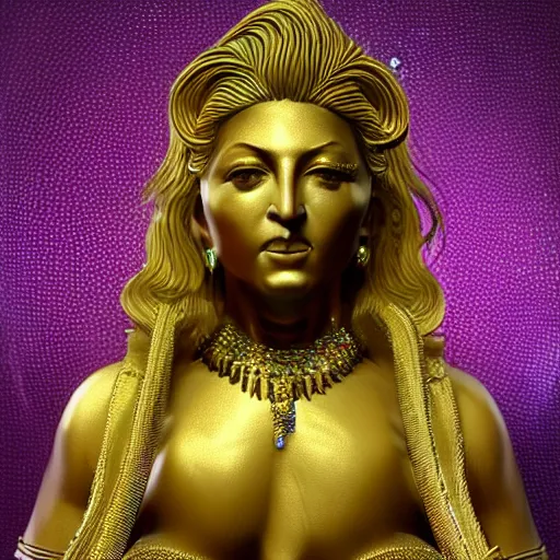 Image similar to a full body madonna statue made of iridiscent metal inspired by the looks of vishnu, very detailed, unreal engine 5, made for an art gallery