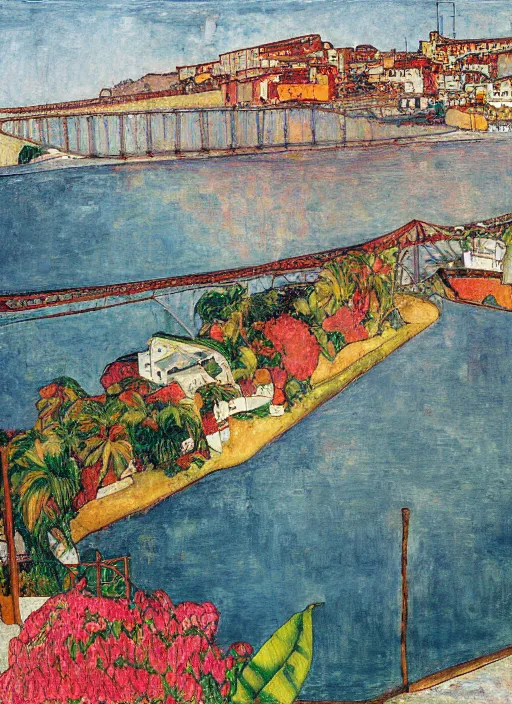 Image similar to bayonne bridge on local river, 3 boat in river, 2 number house near a lot of palm trees and bougainvillea, hot with shining sun, painting by egon schiele