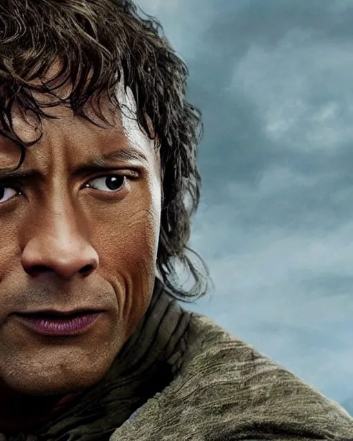 Image similar to Film still close-up shot of Dwayne Johnson as Bilbo Baggins from the movie The Hobbit. Photographic, photography