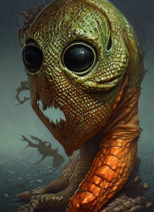 Prompt: aquatic mf doom reptile eyes, orange skin. intricate, elegant, highly detailed, centered, digital painting, artstation, concept art, smooth, sharp focus, illustration, artgerm, tomasz alen kopera, peter mohrbacher, donato giancola, joseph christian leyendecker, wlop, frank frazetta