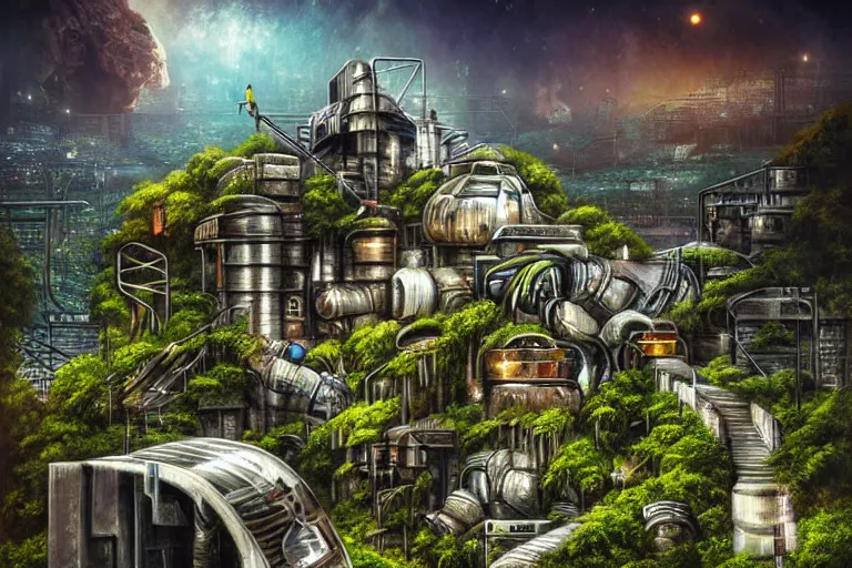 Image similar to sci - fi favela sculpture, art deco jungle environment, industrial factory, cliffs, gloomy, milky way, award winning art, epic dreamlike fantasy landscape, ultra realistic,