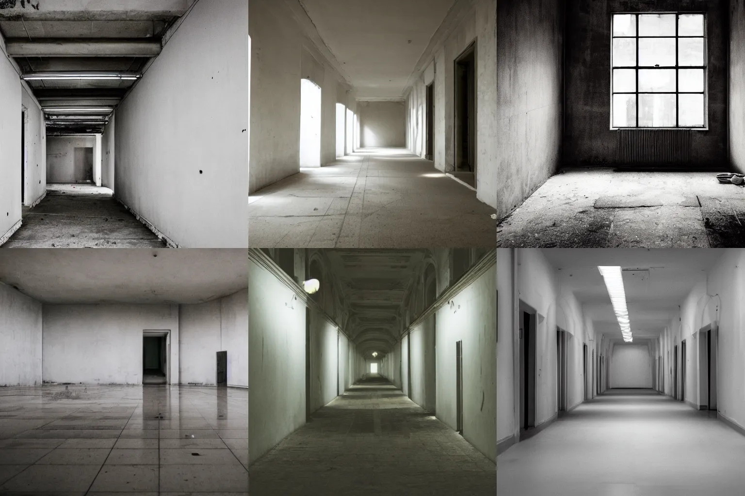 Prompt: a series of dimly lit liminal spaces all entirely abandoned yet clean