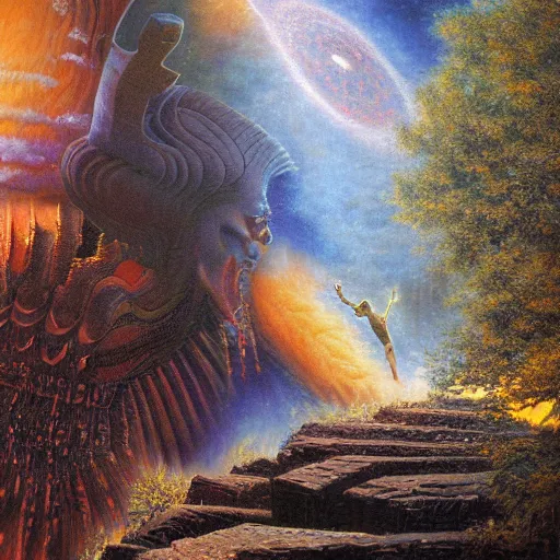 Prompt: an epic 8 k resolution painting of a black boy exploring the temple of the alien gods at the end of the universe, by bob eggleton