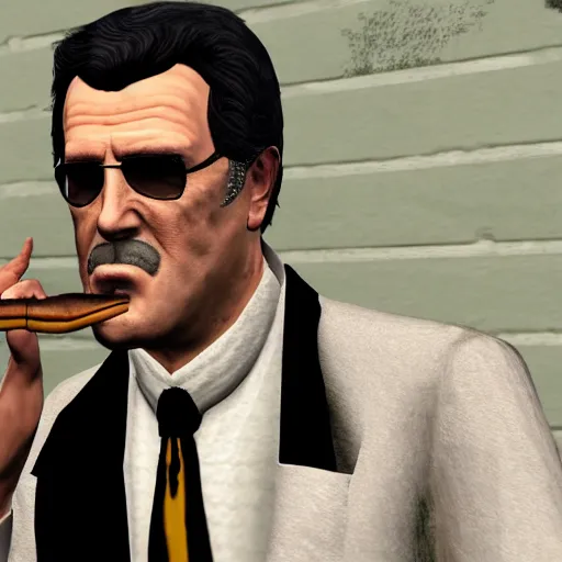 Prompt: portrait of bruce campbell dressed in a tuxedo smoking a cigar. gta v graphics
