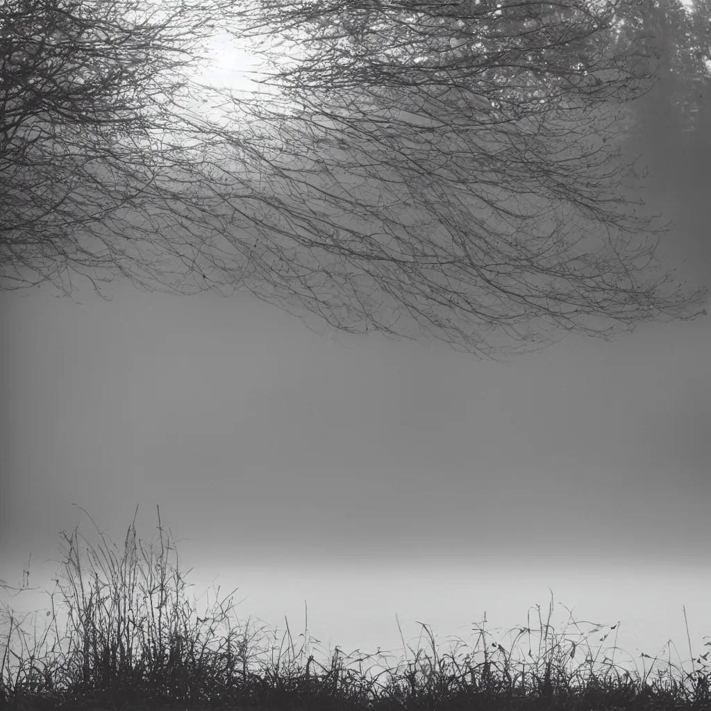 Prompt: starling murmur over a still lake on a foggy morning, light rays, bokeh, beautiful professional photography, 35mm film