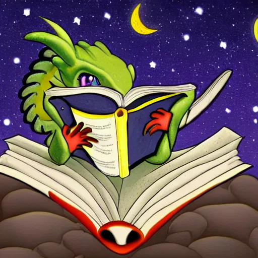 Image similar to cute dragon reading a book underneath the stars