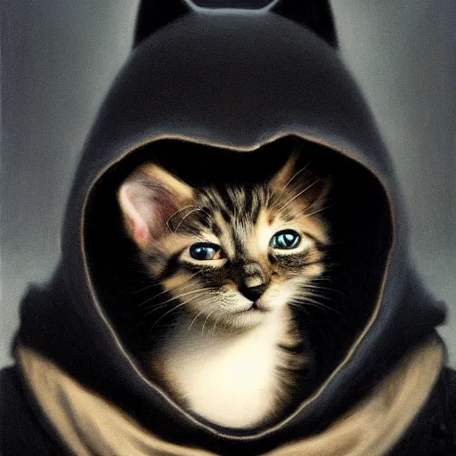 Image similar to a portrait of a kitten wearing a black hood, cloak covering face, anatomically correct, beautiful perfect face, enigmatic, oil painting, matte, black background, Volumetric dynamic lighting, Highly Detailed, Cinematic Lighting, Unreal Engine, 8k, HD, by Beksinski