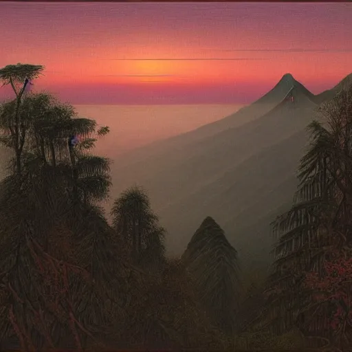 Prompt: A beautiful and fantastic landscape of sunset of Mount Emei, by Henri Julien Félix Rousseau, trending on artstation.