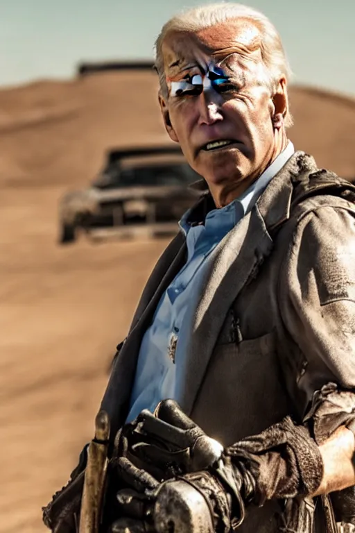 Image similar to [a still of Joe Biden in the movie Mad Max (2015), 4k, HD, high quality, octane]