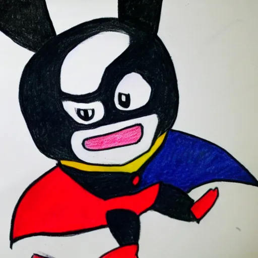 Image similar to a children's drawing of mr. mime as batman, crayon, paper