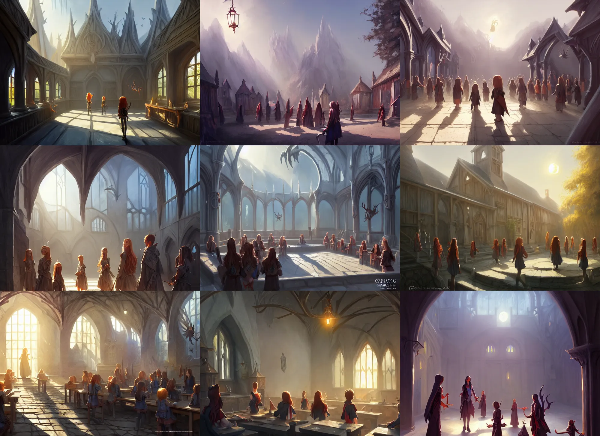 Prompt: Strixhaven school for gifted magical beings, D&D fantasy, magical school, spells practice, bright day light sun, school courtyard, highly detailed, digital painting, trending on artstation, pixiv, concept art, sharp focus, illustration, art by Greg Rutkowski