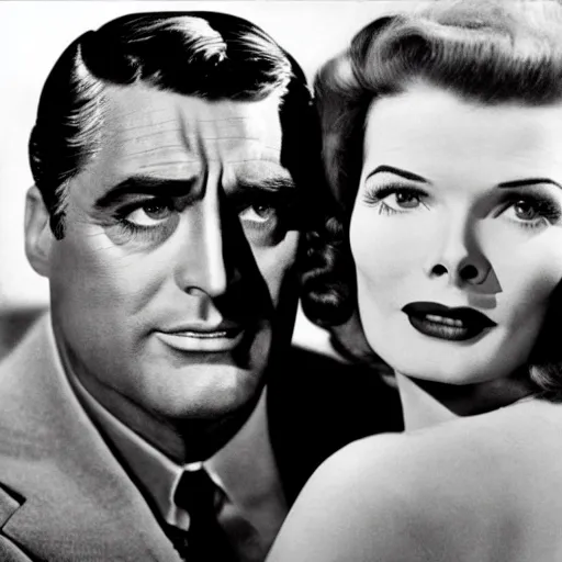 Prompt: Still of Cary Grant and Katharine Hepburn in the Avengers