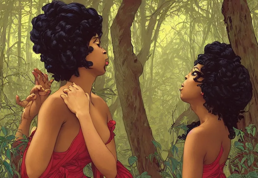 Image similar to a black woman seen from behind from far away with flowing hair and a flowing sundress dreaming in a forest, fine details by realistic shaded lighting poster by ilya kuvshinov katsuhiro otomo, magali villeneuve, artgerm, jeremy lipkin and michael garmash and rob rey, art nouveau, alphonse mucha, william - adolphe bouguereau, golden hour