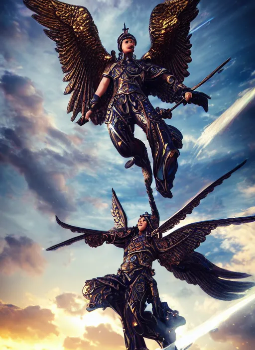 Image similar to archangel micheal flying in sky by huang guangjian, taekwon kim rostbite 3 engine, cryengine, dof, trending on artstation, digital art, chanel, dior, fantasy and detailed and intricate background