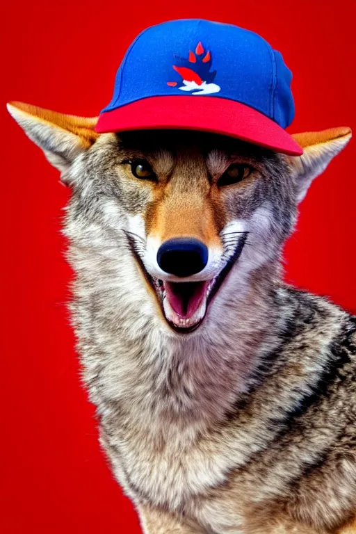 Image similar to a portrait of a stoner anthropomorphic male coyote wearing a red baseball cap and blue t - shirt, furry art, photo, hd, cinematic