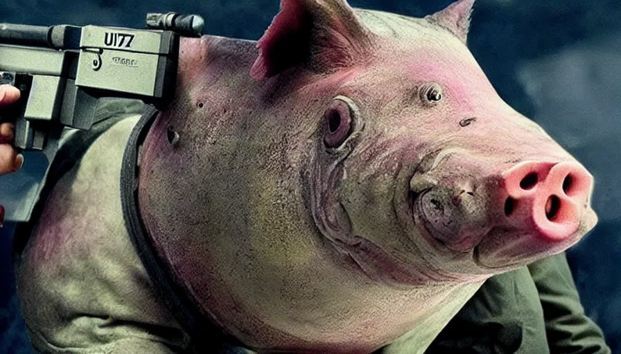 Prompt: big budget movie about a fish pig hybrid armed with an uzi. The fish pig hybrid is robbing a bank.