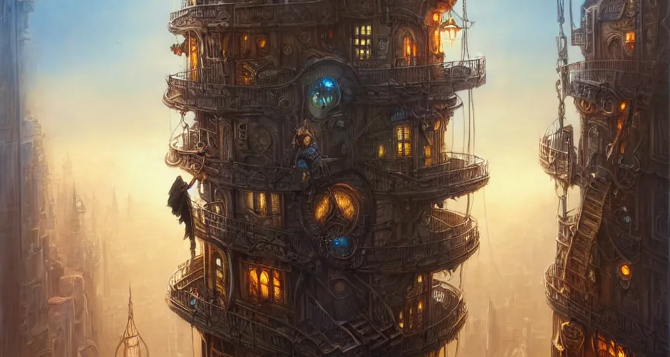 Prompt: landscape painting of fantasy metal steampunk city with walkways and lit windows and a hooded thief in browns leathers climbing one of the tall buildings using a rope, fine details, magali villeneuve, artgerm, rutkowski