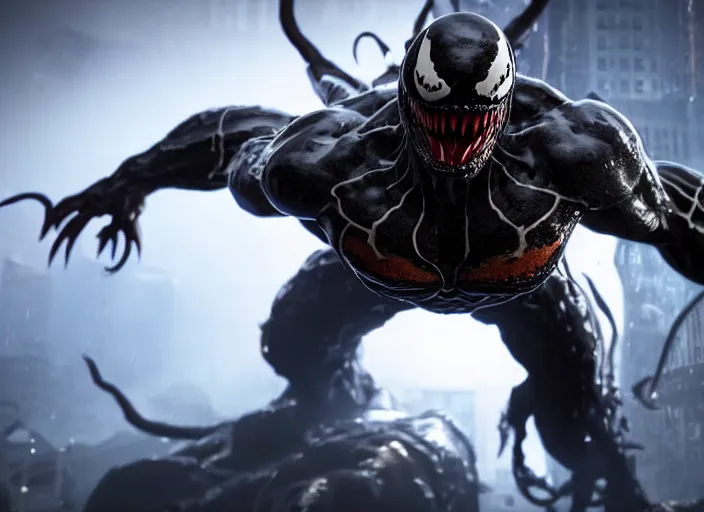 Prompt: venom fused with doomslayer, ultra realistic 4 k unreal engine very cinematic render with ray tracing bloom ambient occlusion strong reflections depth of field fog