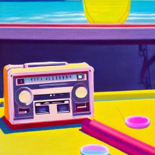 Prompt: A vintage cassette player next to the edge of a pool with a cocktail next to it, vibrant pastel colours, oil-on-canvas, neon