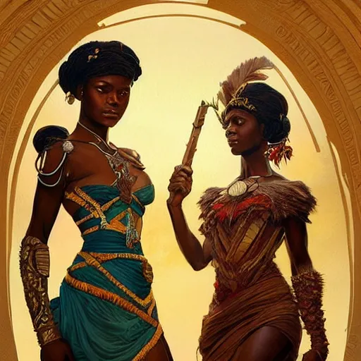 Image similar to three beautiful Zulu holding hands , intricate, elegant, highly detailed, digital painting, artstation, concept art, smooth, sharp, focus, illustration, art by artgerm and greg rutkowski and alphonse mucha