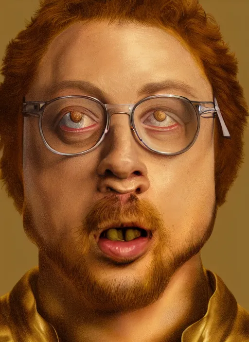 Image similar to Sam Hyde in gold suit, sigma male, accurately portrayed, portrait art by Hieronymus Bosch, highly detailed, digital painting, concept art, illustration, horror element, very detailed, smooth, sharp focus, octane render, close up