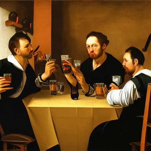 Image similar to five men drinking beer and talking intelligently in pub, caravaggio, detailed photograph, josh kirby, 4k, unreal engine