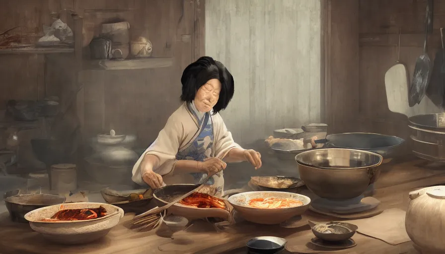 Image similar to old japanese lady cooking, old 1 8 0 0's kitchen, pan and plates, hyperdetailed, artstation, cgsociety, 8 k