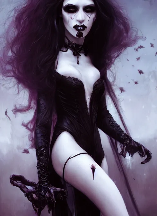 Image similar to tarot!!, pale, beautiful goth vampire with long hair, fantasy, elegant, concept art, sharp focus, beautiful face!!, digital art, Hyper-realistic, 4K, Unreal Engine, Highly Detailed, HD, Dramatic Lighting, Beautiful, by Brom, trending on Artstation