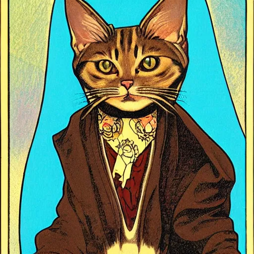 Image similar to an art nouveau cat wearing a hooded coat by moebius and james gurney and mucha