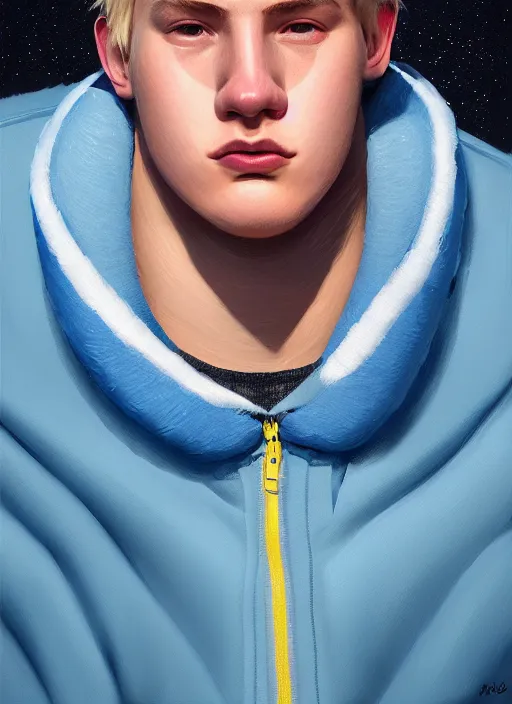 Image similar to portrait of high school senior boy named big moose, blonde short hair, jock, beefy, wide face, square jaw, square facial structure, blue varsity jacket with his name, intricate, elegant, glowing lights, highly detailed, digital painting, artstation, concept art, sharp focus, illustration, art by wlop, mars ravelo and greg rutkowski