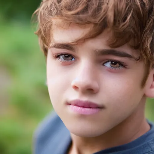 Image similar to a closeup portrait of a boy with brown hair and brown eyes. Extremely clear and high quality eyes with reflection, realistic face and details, clear lips and high quality