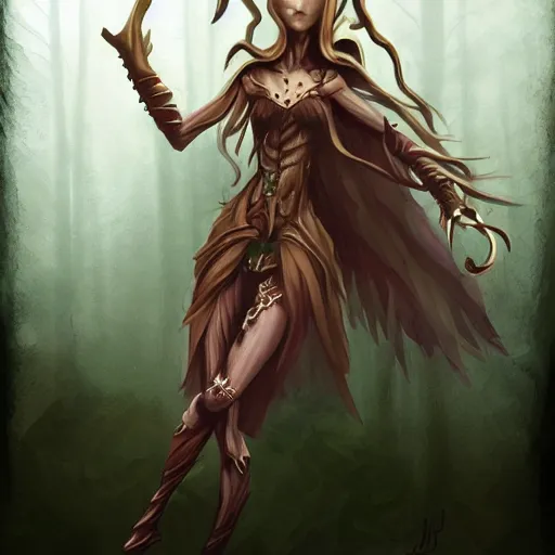 Image similar to female elf, tree person, warhammer aelf dryad, dynamic pose, elongated legs, long fingers, talons, terrifying, dark, fog, artstation