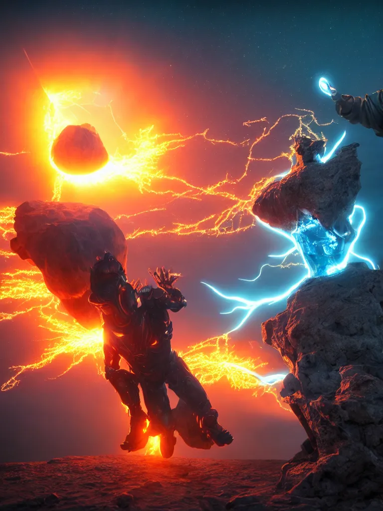 Prompt: levitating cybertronic wizard, opening a shining portal, night sky, horizon of an erupting volcano, 4 k, ultra realistic, detailed, epic lighting, high detail, masterpiece, trending on artstation