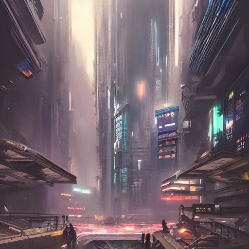 Prompt: entrance to a cyberpunk city, megastructures, complimentary contrast, dramatic lighting, gorgeous view, depth, painted by stanley lau, painted by greg rutkowski, painted by stanley artgerm, digital art, trending on artstation