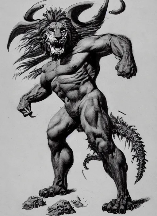 Image similar to a creature with the body and eyes of a man, with the beak of an eagle, the mane of a lion, and the horns of an ox. drawn by frank frazetta