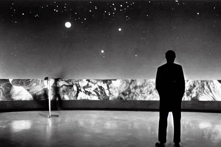 Prompt: a young man stands in the planetarium, planets and stars at background, low low exposure, decisive moment, anri cartier bresson