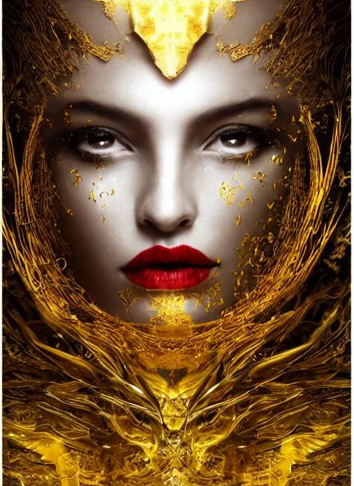 Prompt: glowing silver and golden elements, full close-up portrait, dark witch from shutterstock, book cover, green forest, white moon, red lips, establishing shot, extremly high detail, photo-realistic, cinematic lighting, pen and ink, intricate line drawings, by Yoshitaka Amano, Ruan Jia, Kentaro Miura, Artgerm, post processed, concept art, artstation, matte painting, style by eddie, raphael lacoste, alex ross