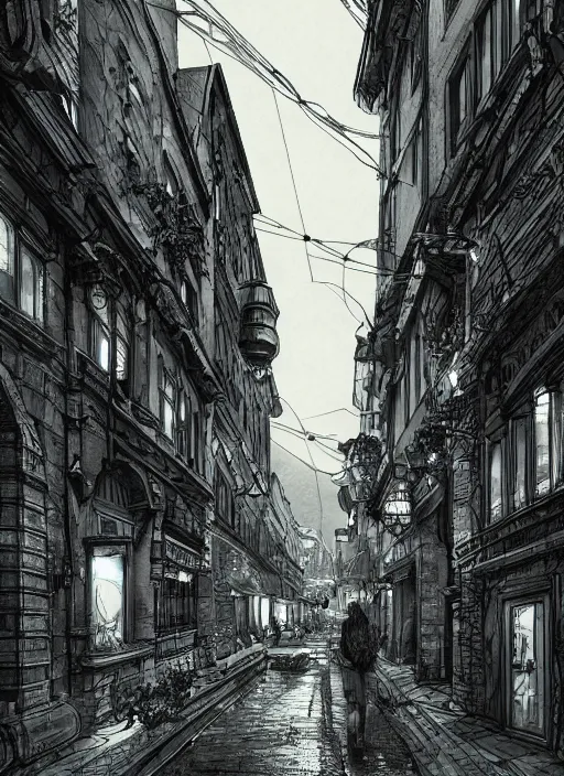 Image similar to Budapest , Dynamic lighting, cinematic, extremely high detail, photo realistic, cinematic lighting, pen and ink, intricate line drawings, post processed, concept art, artstation, matte painting, style by Paru Itagaki