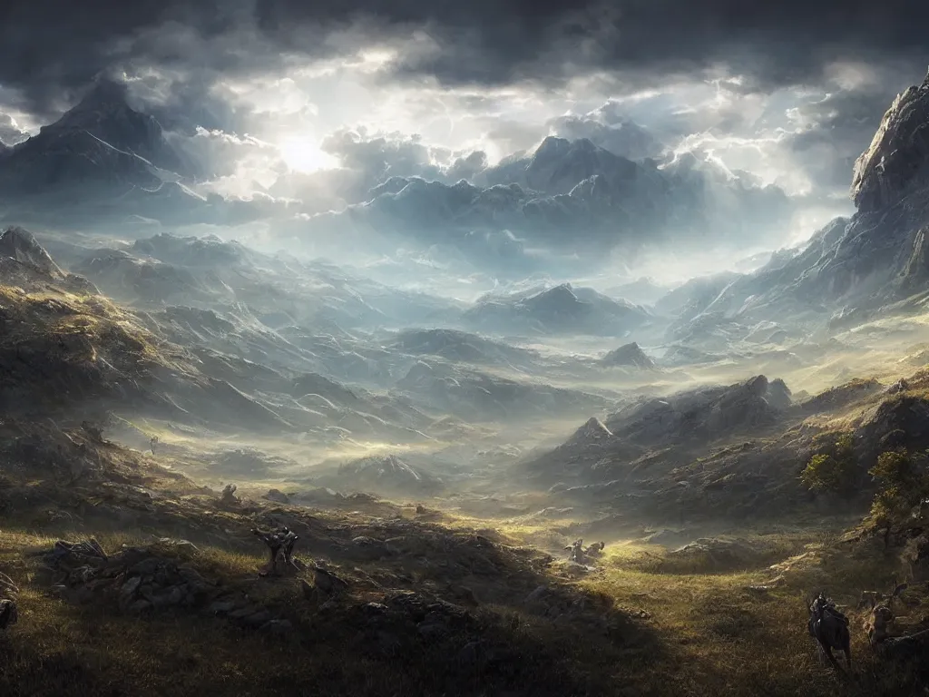 Image similar to a cinematic landscape view looking at an open field, cyberpunk wildlife, mountains in the distance with a river running down, the sun shines through the parted clouds, digital painting, fantasy, art by alexandre mahboubi and christophe oliver