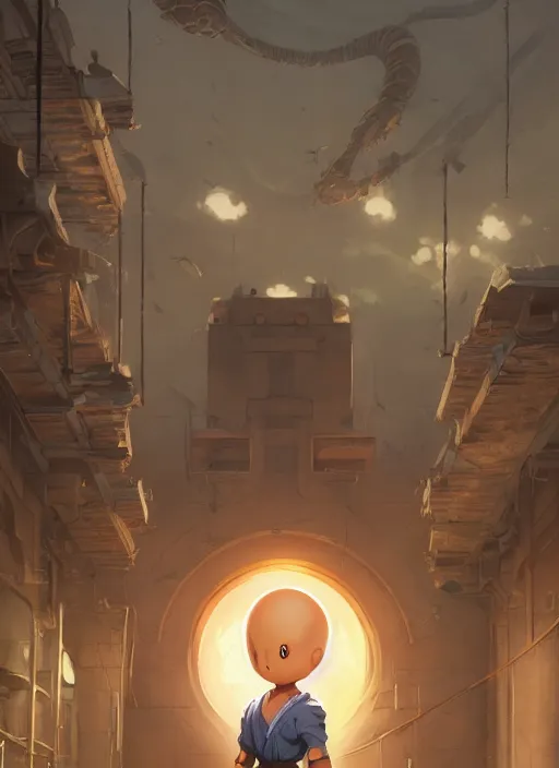 Image similar to highly detailed krillin standing outside prison art by greg rutkowski, loish, rhads, ferdinand knab, makoto shinkai and lois van baarle, ilya kuvshinov, rossdraws, tom bagshaw, global illumination, radiant light, detailed and intricate environment