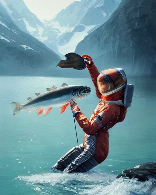 Prompt: a female astronaut catching salmon in alaska, real life skin, intricate, highly detailed, artstation, concept art, smooth, sharp focus, art by artgerm and greg rutkowski