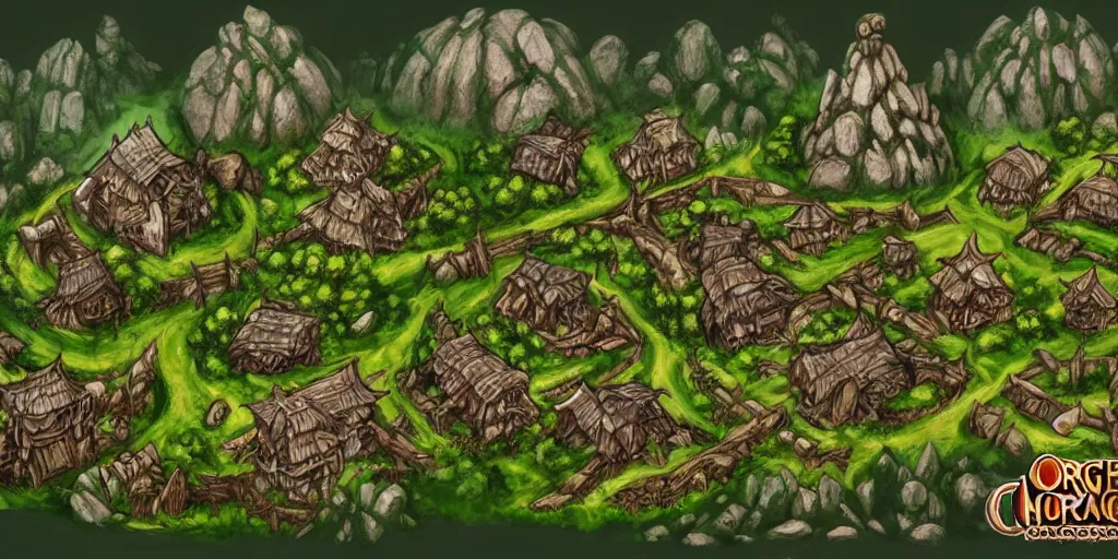 Prompt: Orc village in the middle of the forest. In style of Ragnarok Online, Korean MMORPG, epic, professional art, digital art, 8K, concept art.