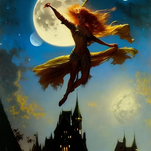 Image similar to attractive witch magically flying trough the night, fantasy, full moon in background. highly detailed painting by gaston bussiere, craig mullins, j. c. leyendecker 8 k