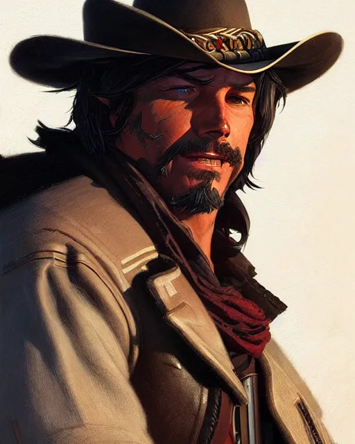 Image similar to mccree from overwatch, character portrait, portrait, close up, concept art, intricate details, highly detailed by greg rutkowski, michael whelan and gustave dore