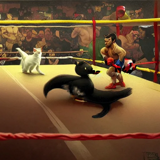 Prompt: cat and duck battle in a boxing ring, highly detailed, digital painting, artstation, concept art, sharp focus, illustration, art by greg rutkowski and alphonse mucha